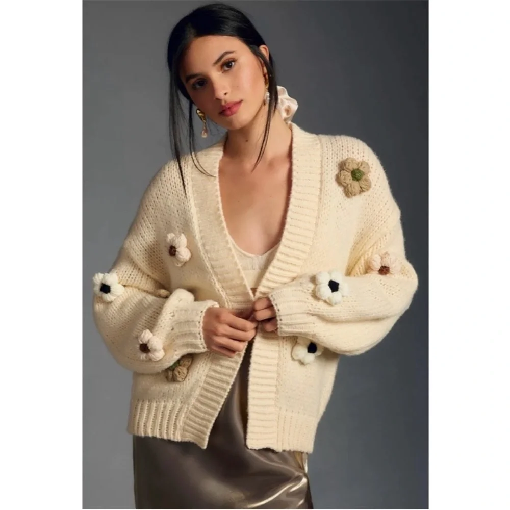 Anthropologie Duchamp The Susannah 3D Flower Cardigan Sweater In Cream S/M